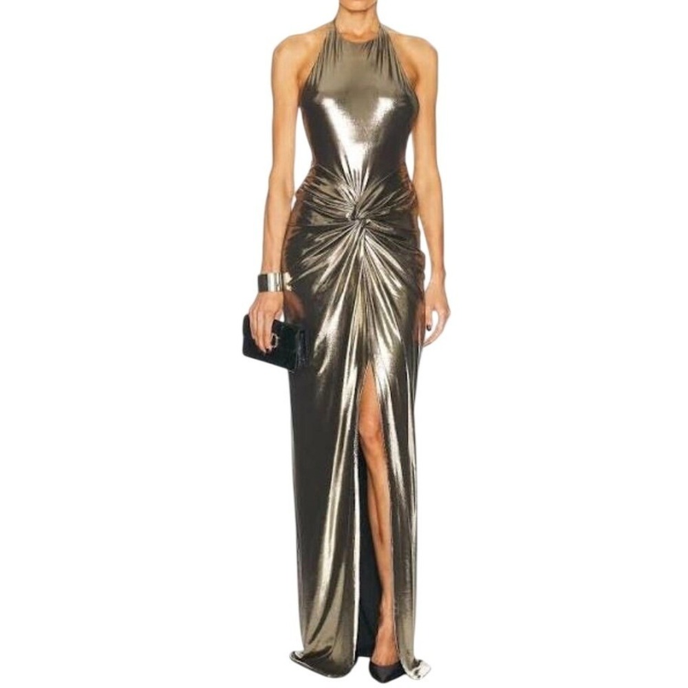 Retrofete  Anida   Metallic Halter‎ Open Back Twist Front Maxi Dress   SzXXL NWT